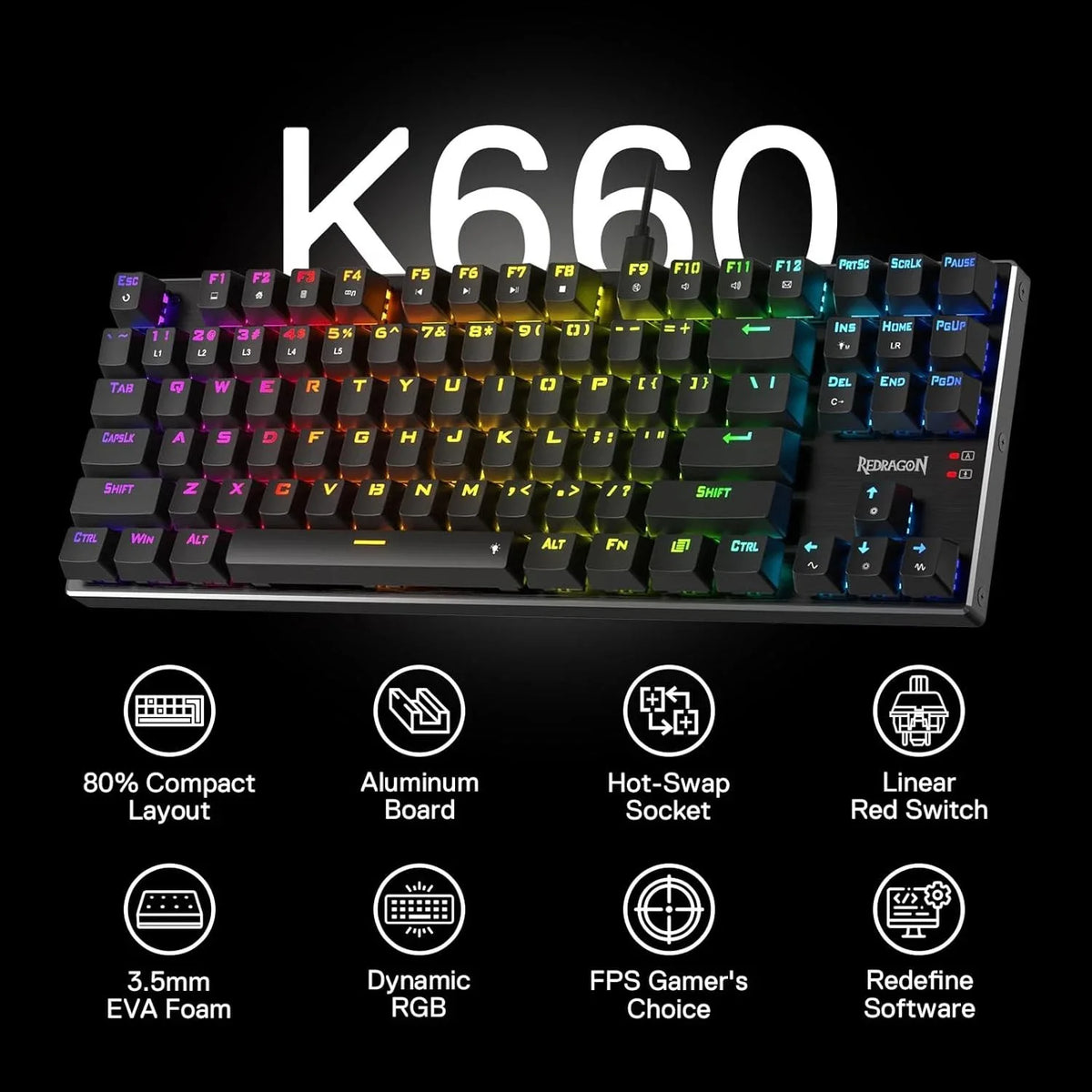 Redragon K660 RGB Wired Gaming Keyboard with Quiet Red Switch